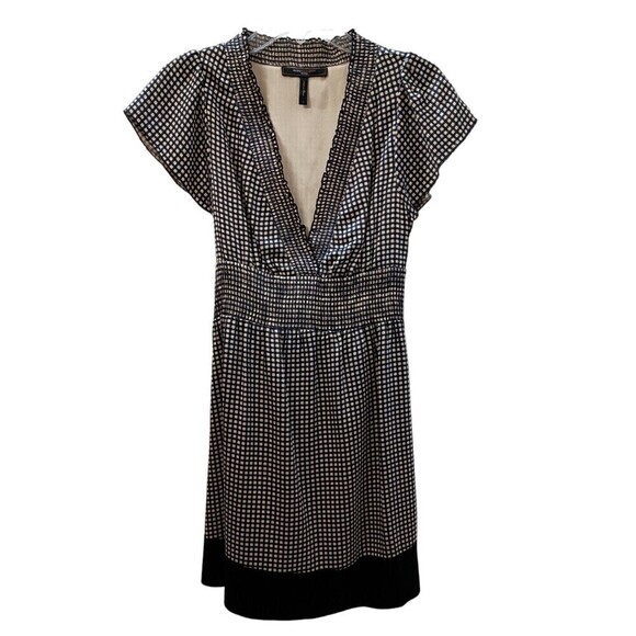 BCBG Maxazria Dress Small Petite Silk Black Beige Checked V-Neck Smocked Waist - Picture 1 of 7